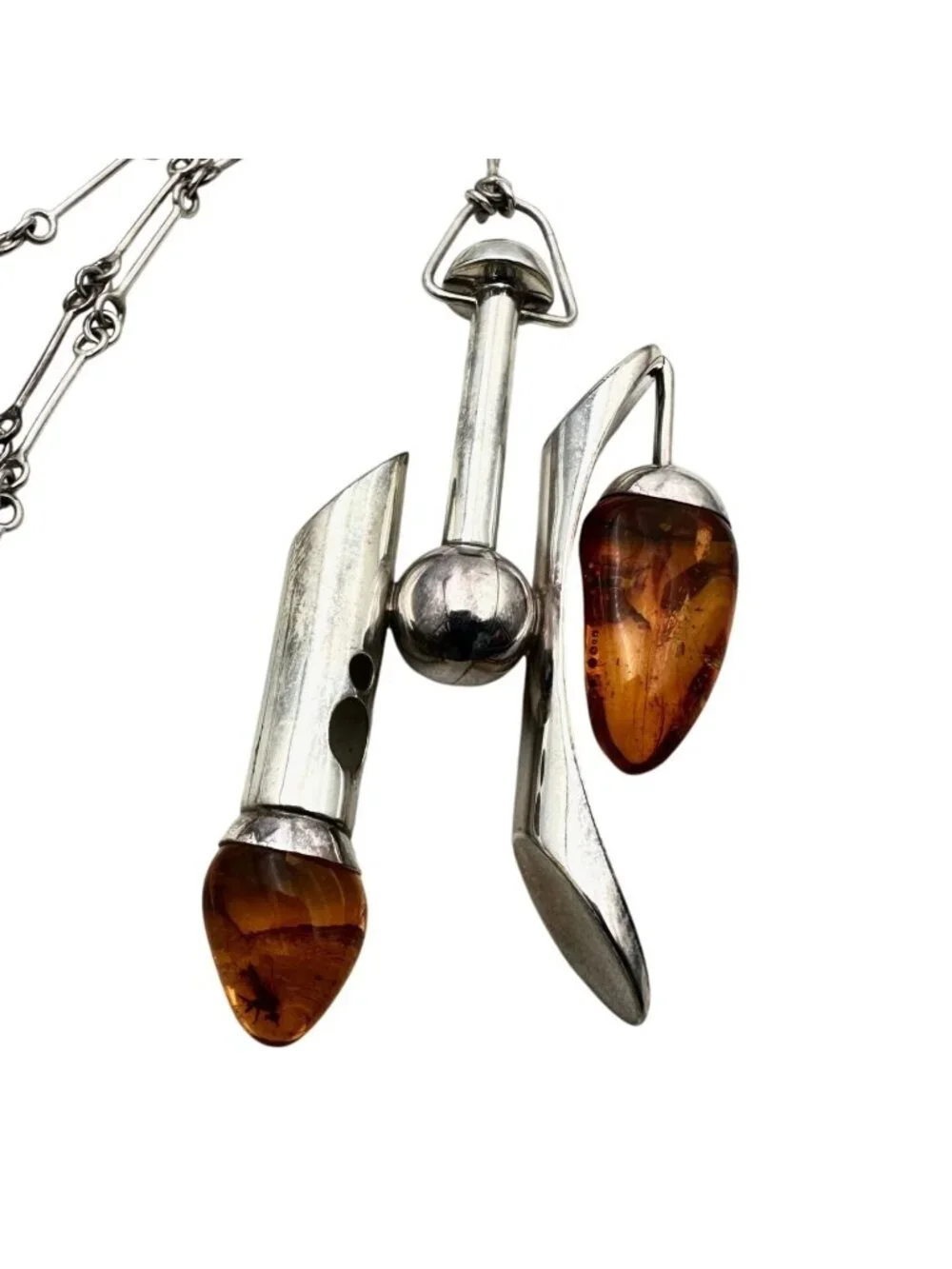 Unusual Rare Vintage Modernist Sterling Silver Amber Necklace 2 Bugs In Amber